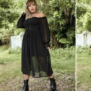 ROMWE Grunge Off Shoulder Grommet Lace Up Flounce Sleeve Dress M Gothic Maiden